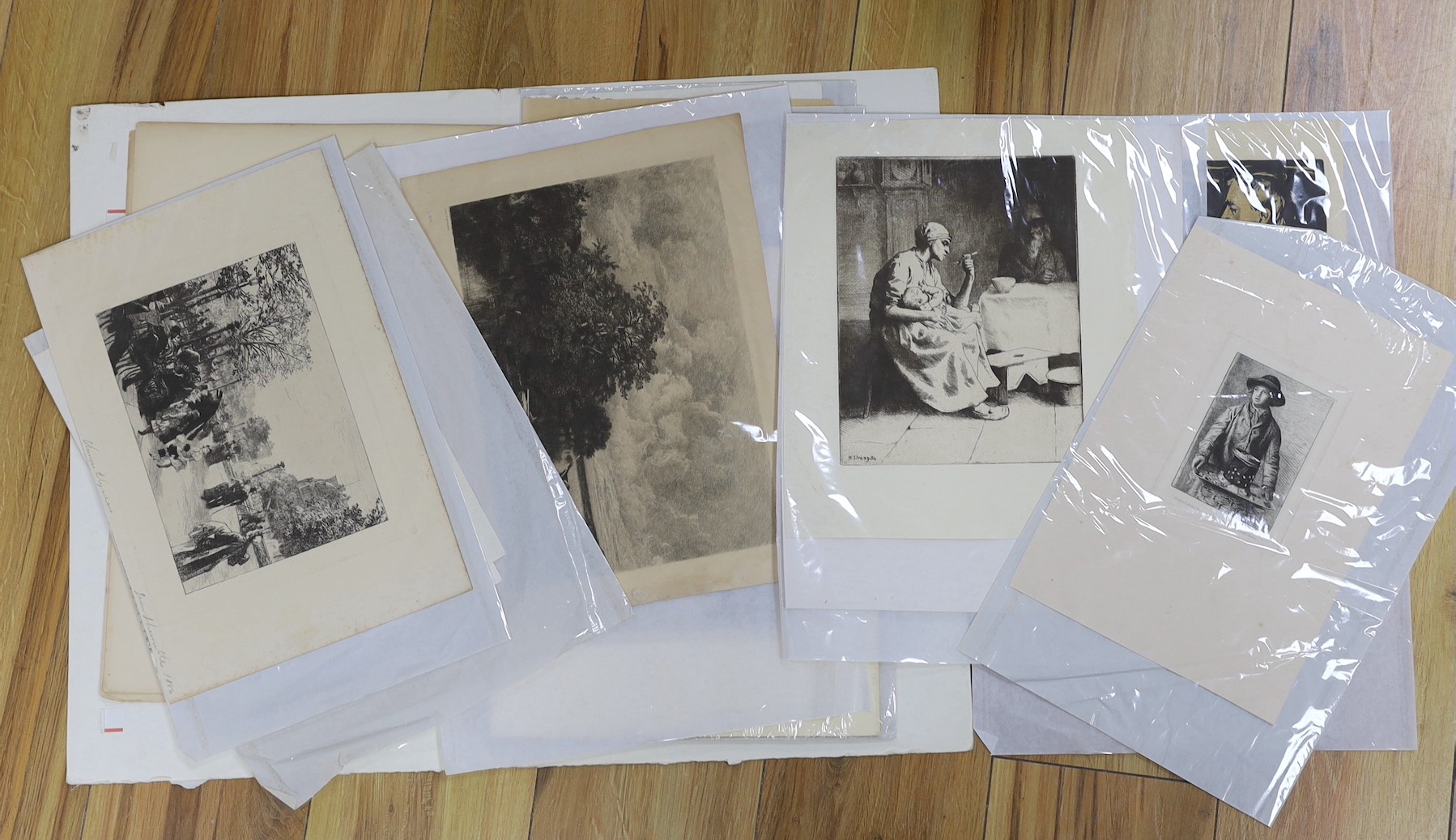 A folio of assorted prints, including an A. Legros etching, a Brangwyn autolithograph - The Mine and La Thangue lithograph